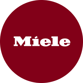The Miele logotype on a red circular background.
