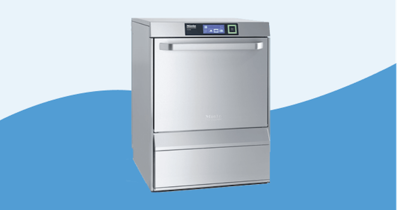 Miele Tank Dishwasher placed on top of wavy sky blue and light blue background.